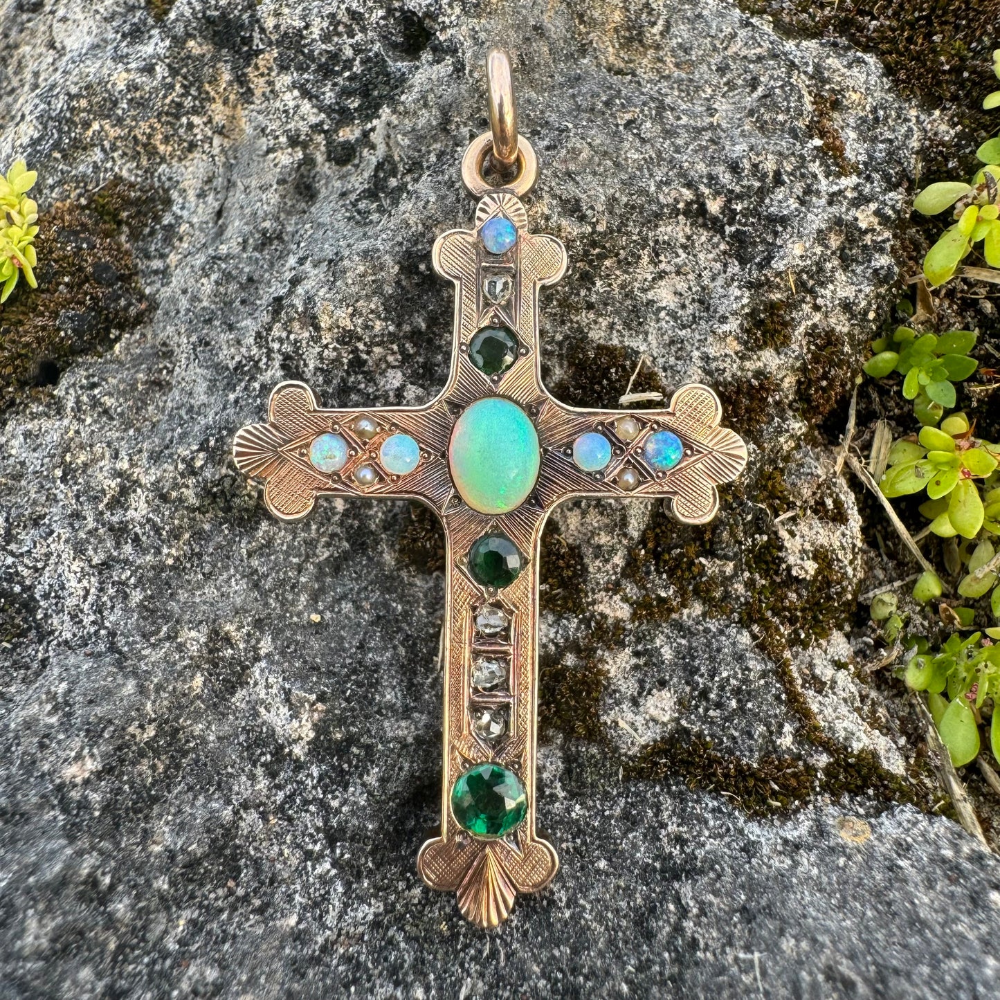 Victorian Solid 14k Gold Rose Cut Diamond, Emerald, Opal Byzantine Cross Pendant