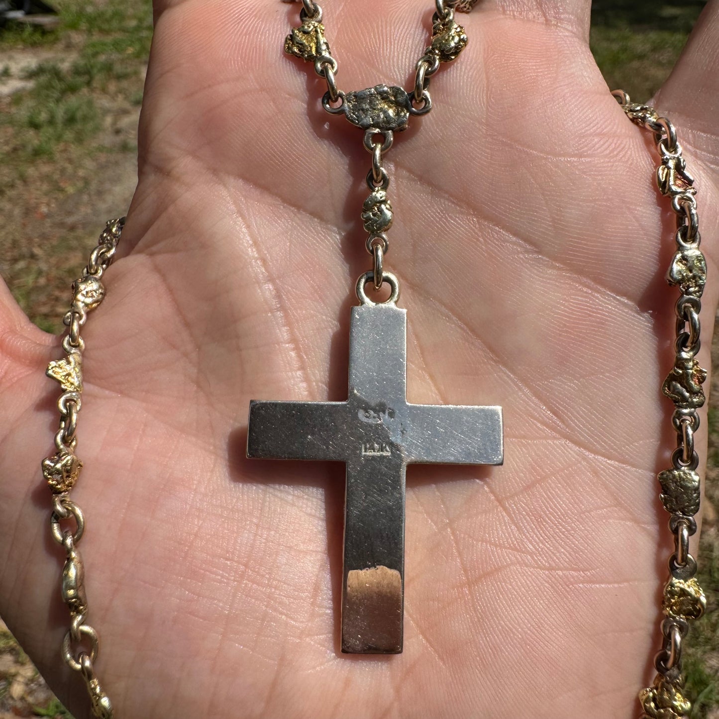 1890’s Yukon Gold Rush Era Natural Raw 20k Gold Nugget Cross Fob Watch Chain Necklace (16.5”)