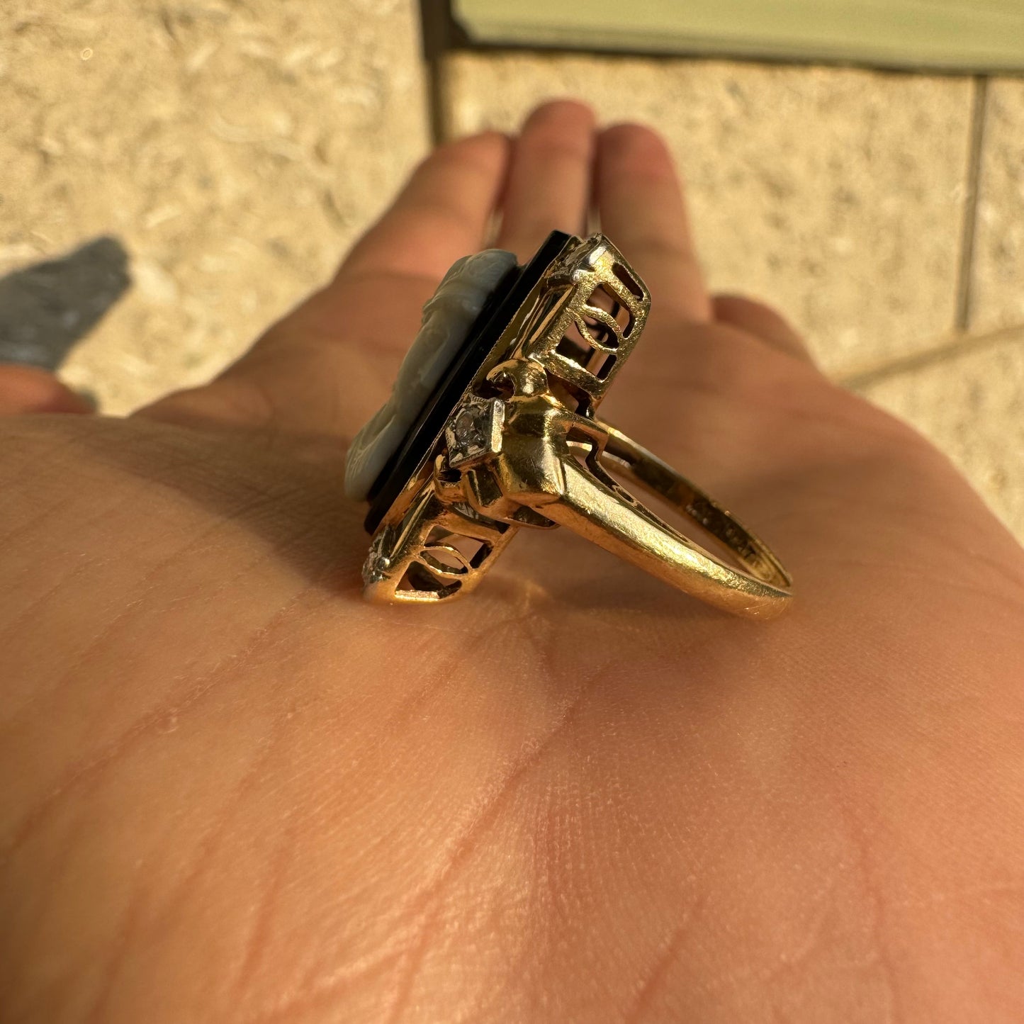 Art Deco 14k Yellow Gold And Platinum .25ctw Natural Diamond Athena (Goddess Of War) Cameo Ring (6.75)