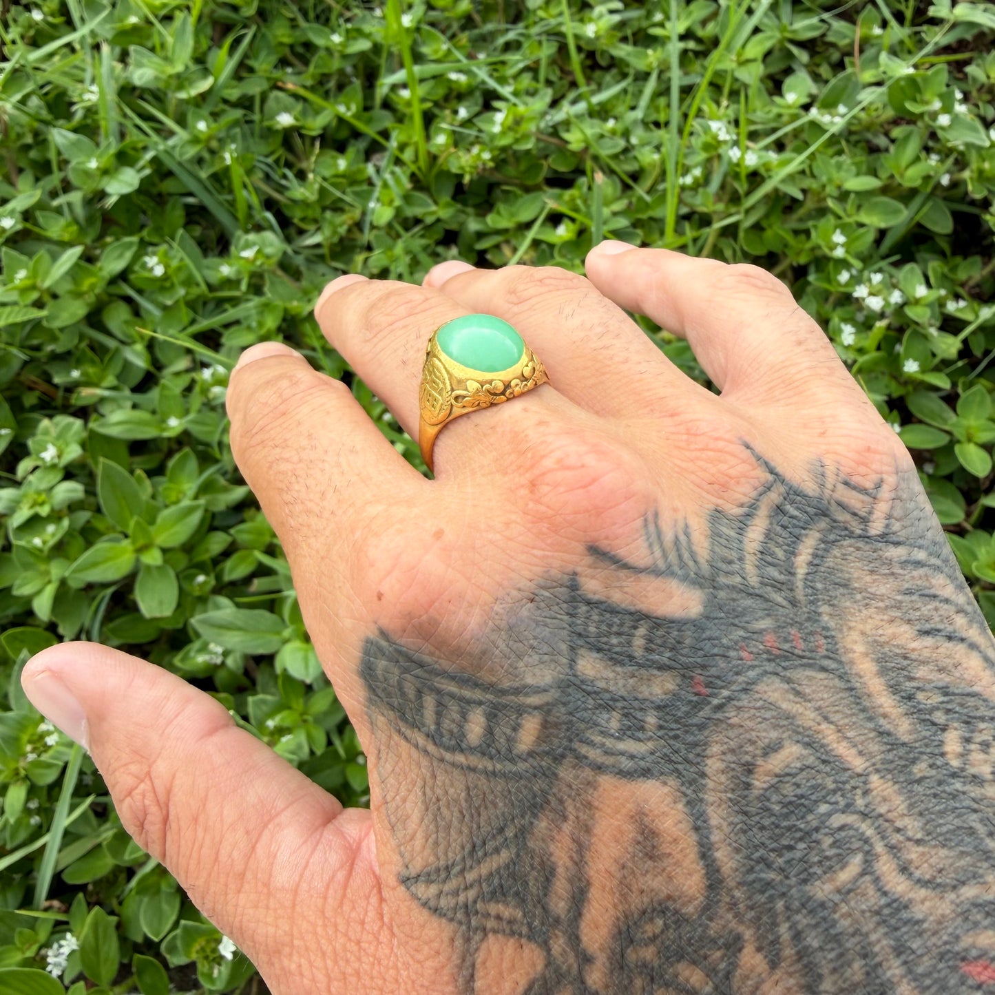Antique Chinese Traditional 24k Yellow Gold 5.0ct Green Apple Jadeite Fu Ring (10.25)