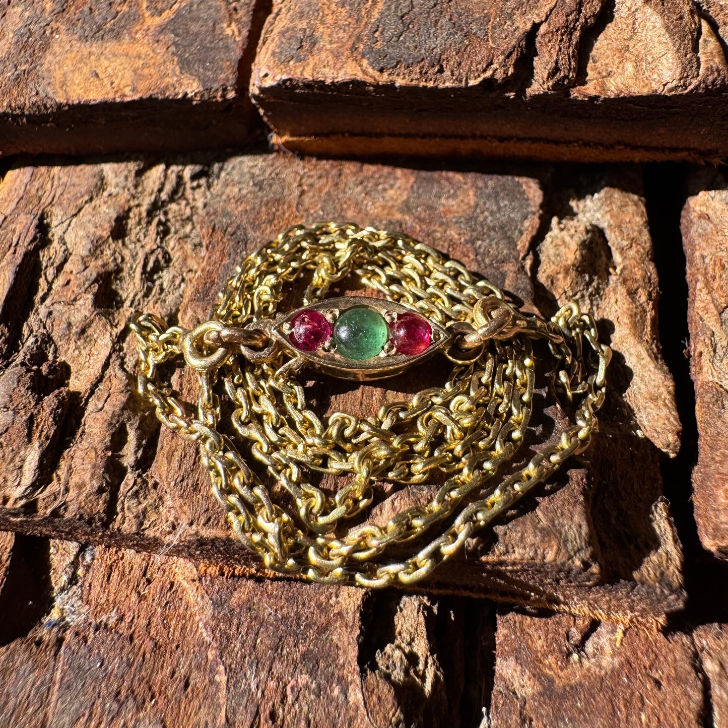 Antique Solid 14k Yellow Gold Natural Emerald And Ruby Encrusted “Biker Chain” Anchor Link Necklace (15.5”)