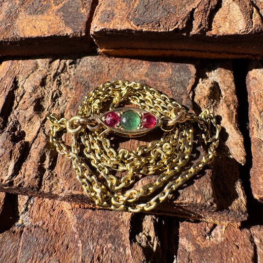 Antique Solid 14k Yellow Gold Natural Emerald And Ruby Encrusted “Biker Chain” Anchor Link Necklace (15.5”)
