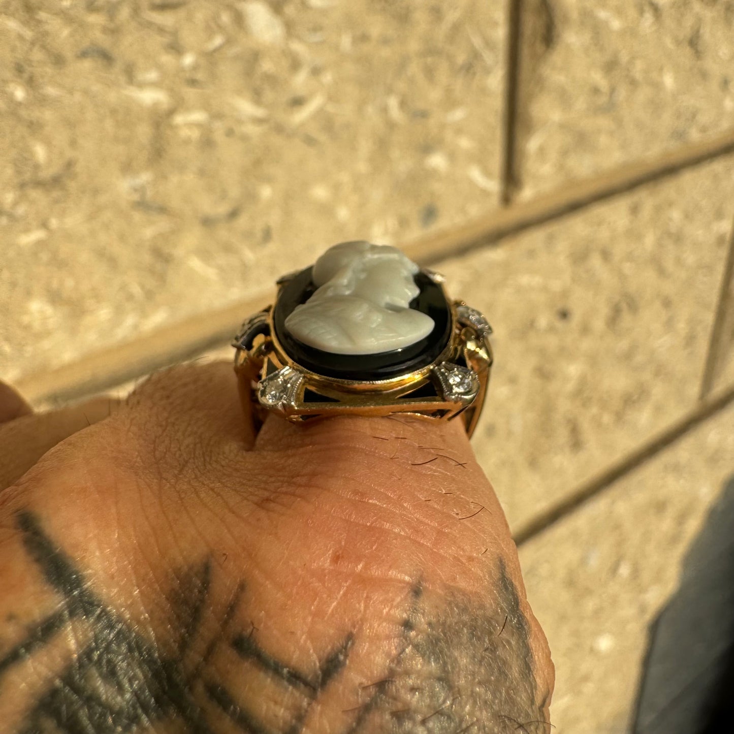 Art Deco 14k Yellow Gold And Platinum .25ctw Natural Diamond Athena (Goddess Of War) Cameo Ring (6.75)