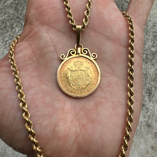 1877 $25 Pesetas Spanish Gold Coin (22k) In Original 18k Handmade Bezel Pendant