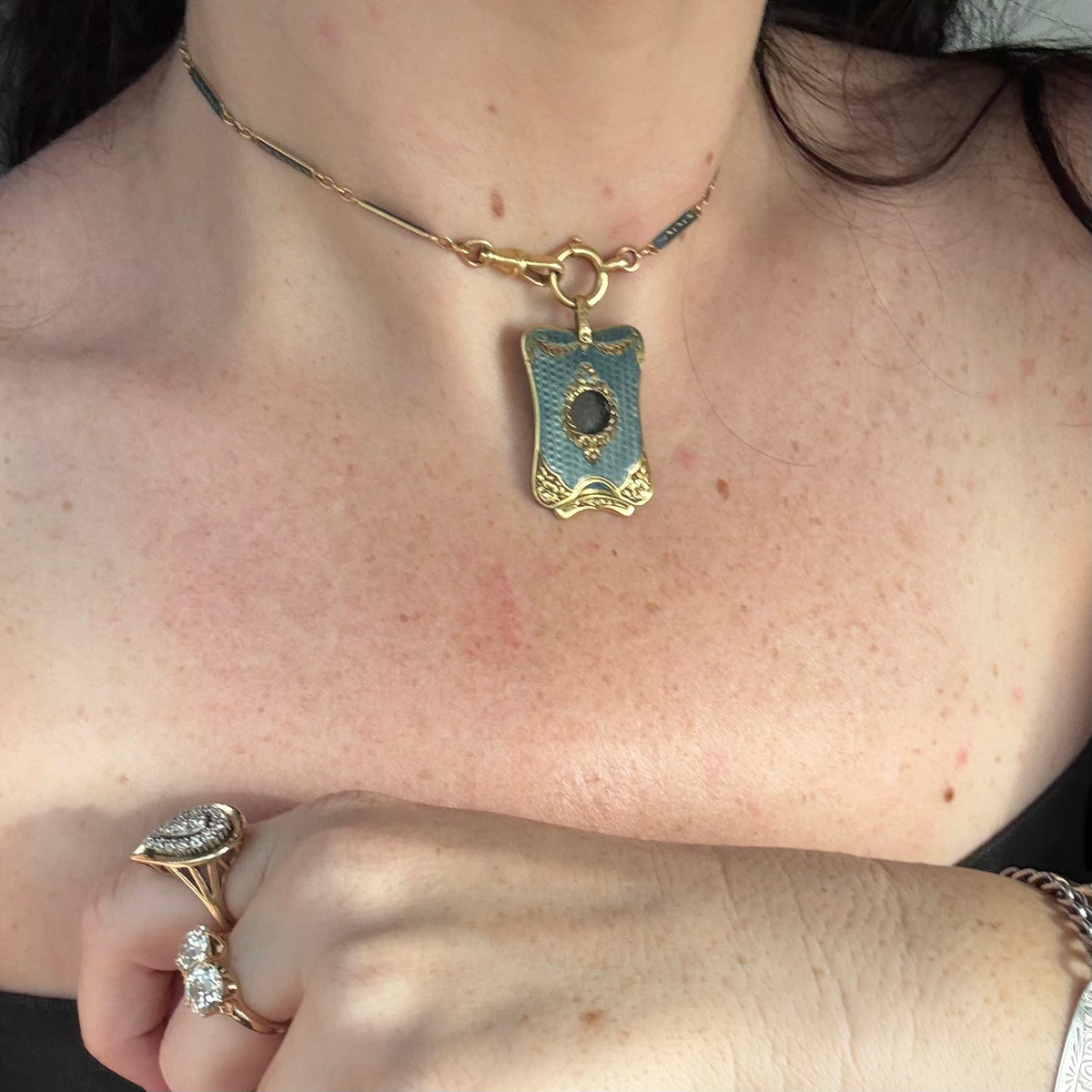 Victorian French 18k Yellow Gold Guilloche Enameled Watch Chain Cigar Cutter Fob Necklace Set (14”)