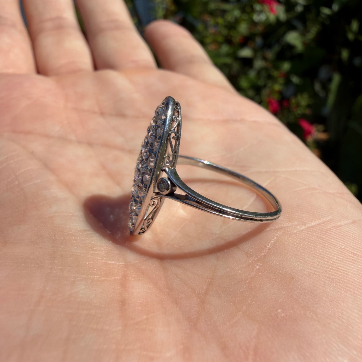 Victorian Solid Platinum 2.25ctw Natural Old Mine Cut Diamond Cluster Oval Navette Ring (7.5)
