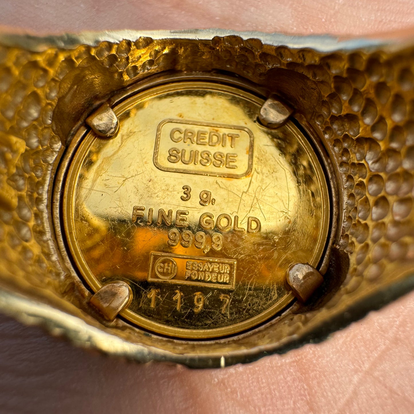 Vintage 24k Gold Credit Suisse Coin 14k Nugget Ring (8.75)