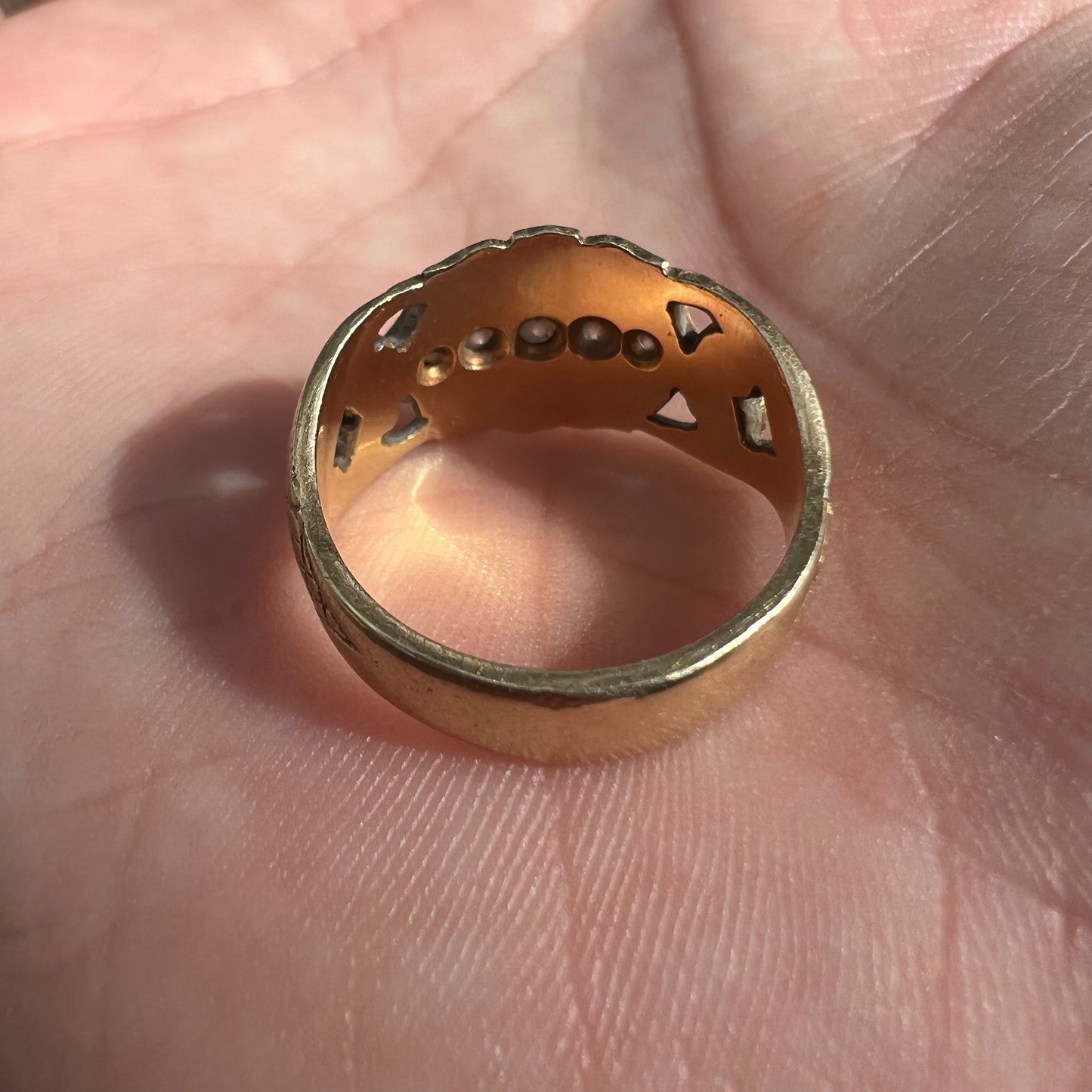 Early 1900’s Art Nouveau Solid 14K Yellow Gold Natural VS Diamond Hand Chased Scroll Ring (6)