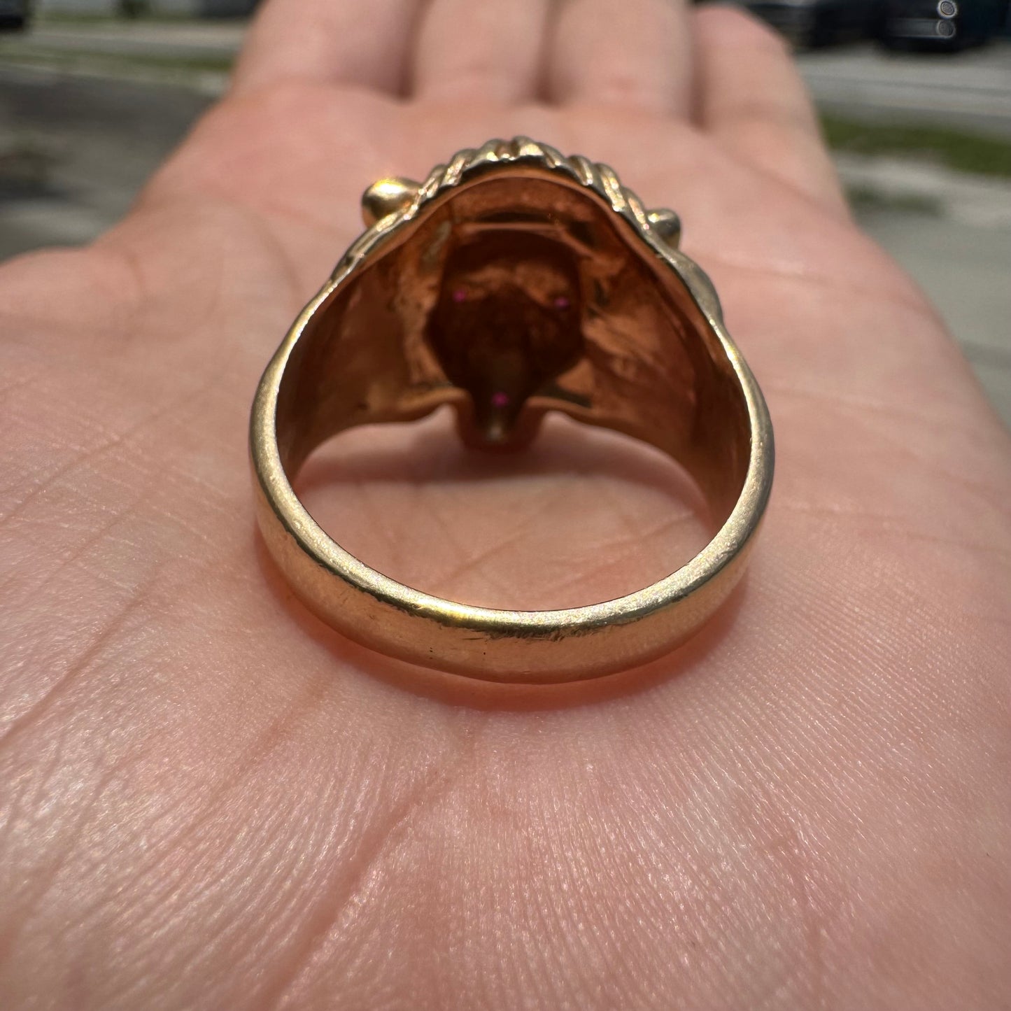 1970’s Solid 14k Yellow Gold Natural Ruby Encrusted Lion Ring (10.75)