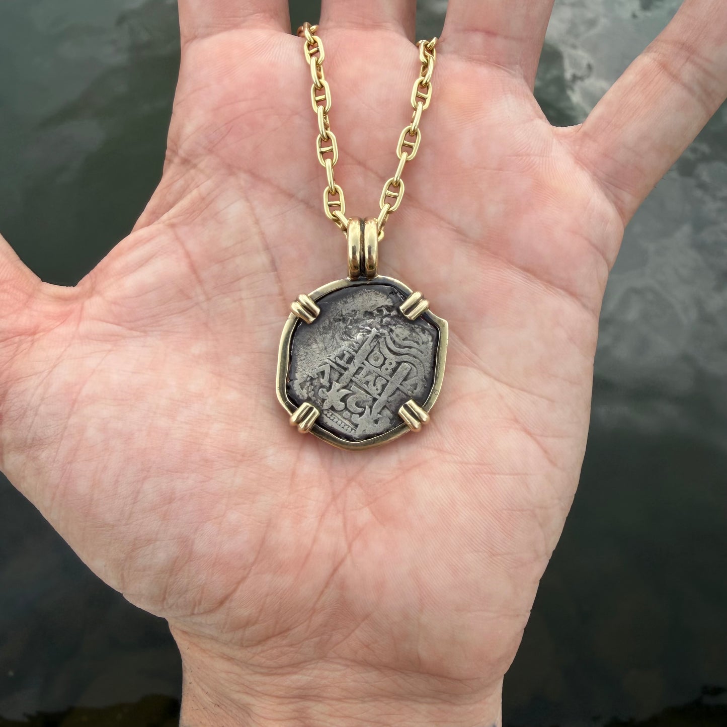 1680 Potosi V Bolivia Silver 2 Reale Coin Vintage Custom 14k Yellow Gold Pendant