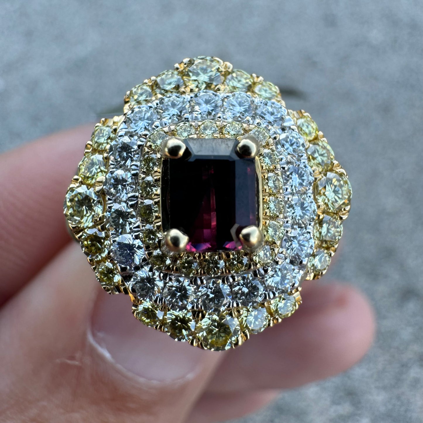 Brand New 14k Yellow Gold .73ct Natural Emerald Cut Unheated Winza Sapphire 1.04ctw Natural VS Yellow And White Diamond Ring (6.75)