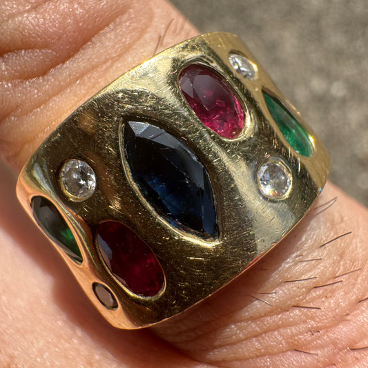 Custom Solid 18k Yellow Gold 2.35ctw Flush Set Natural Sapphire, Ruby, Emerald, And Diamond Tapered Cigar Band (7)