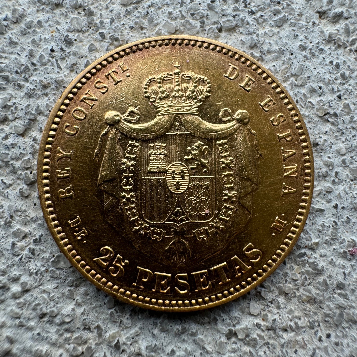 1877 $25 Pesetas Spanish Gold Coin (22k) In Original 18k Handmade Bezel Pendant