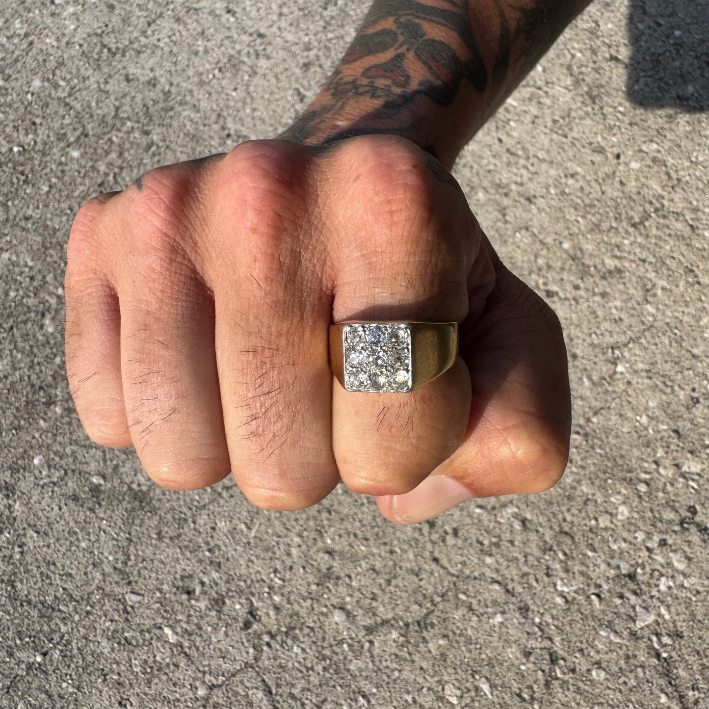 Antique 18k Yellow Gold 1.35ctw Natural Old Mine Cut Diamond Cluster Gents Ring (10.75)