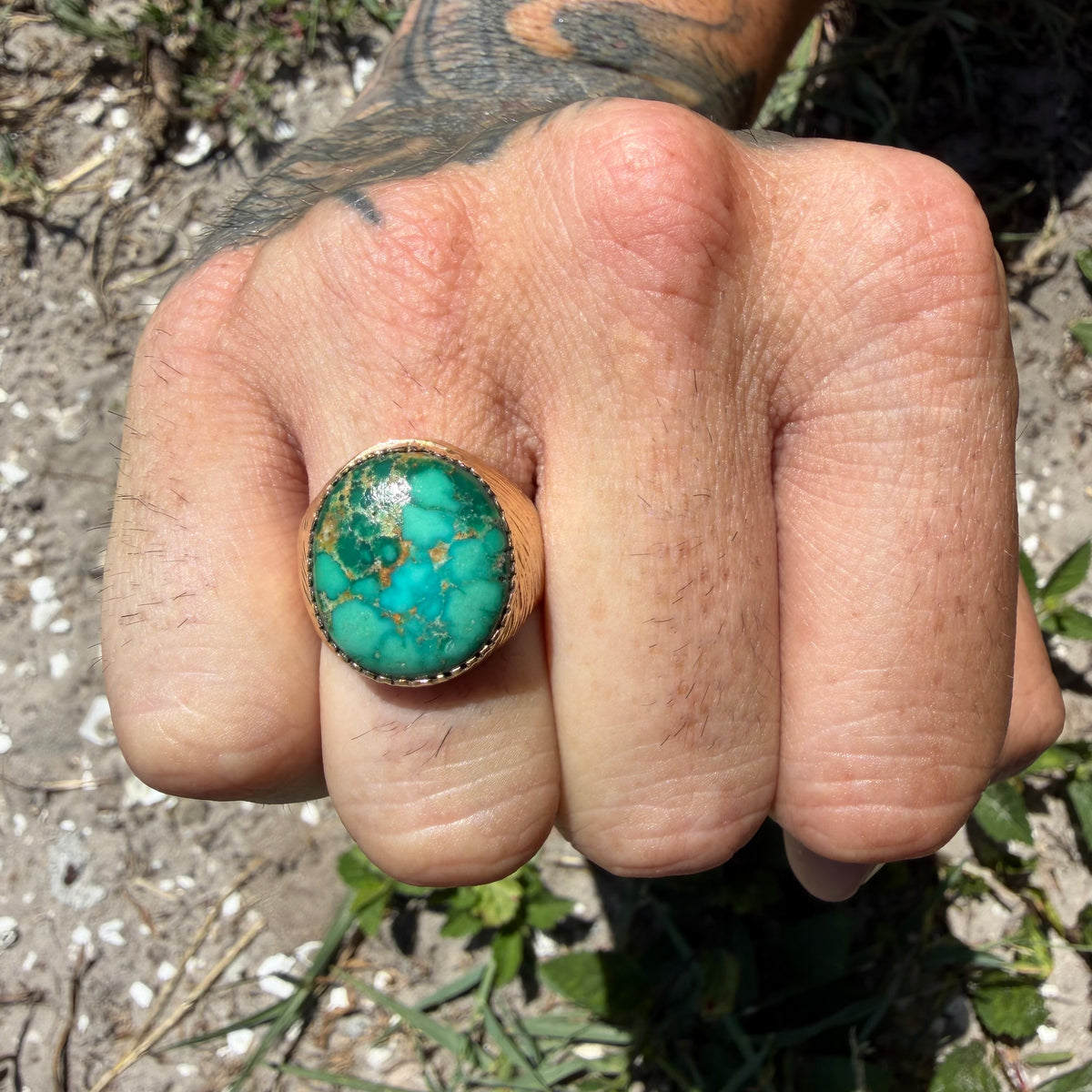 Vintage Solid 14k Yellow Gold Royston Turquoise Signet Ring (8)