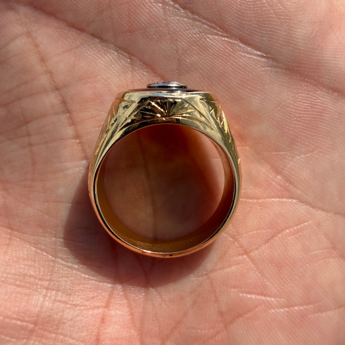 Art Deco Handcrafted Solid 18k Yellow Gold .56ct Natural Old Euro Cut Diamond Black Onyx Signet Ring (9)