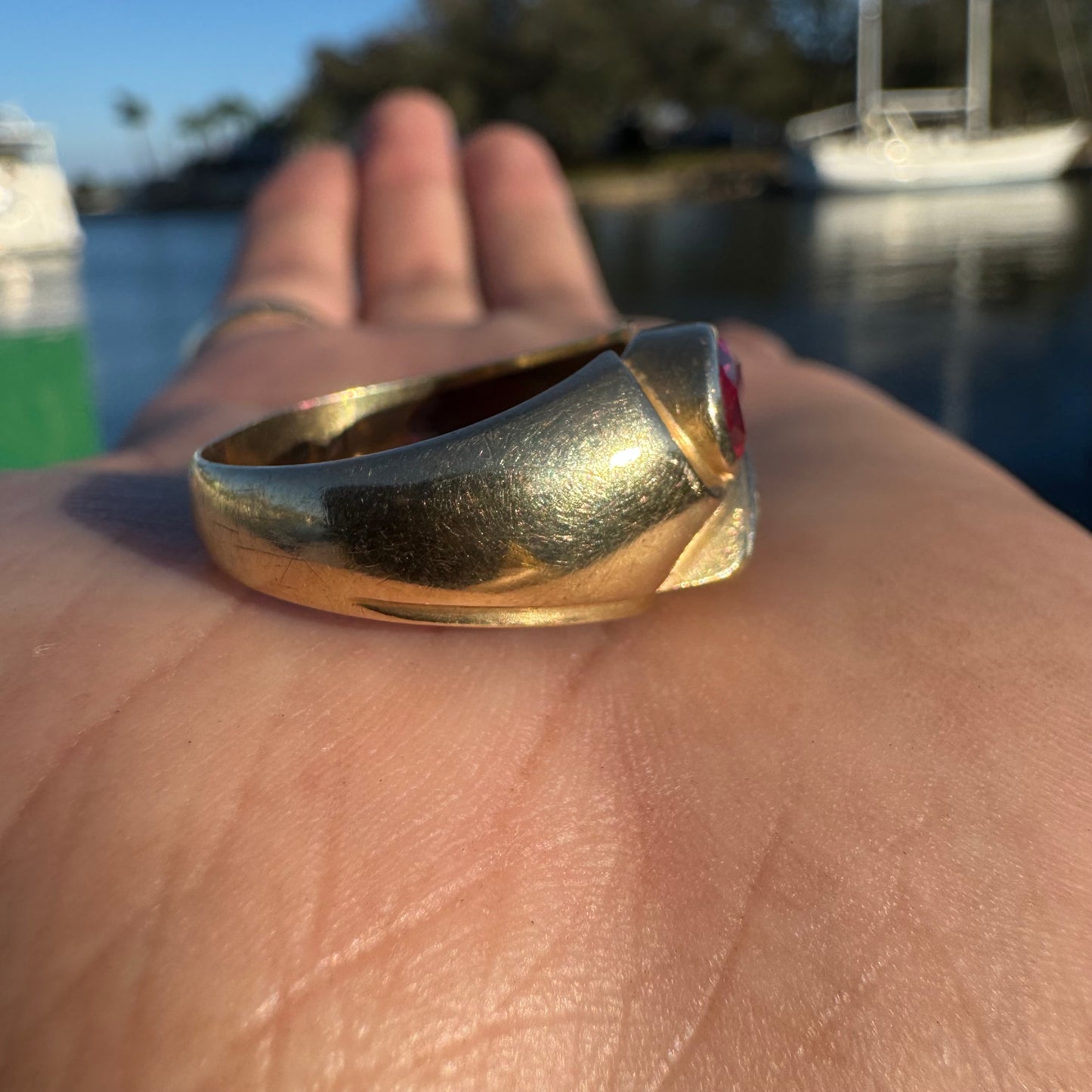 Vintage Solid 14k Yellow Gold Natural Diamond Pink Spinel Tony Soprano Pinky Ring (9.5)