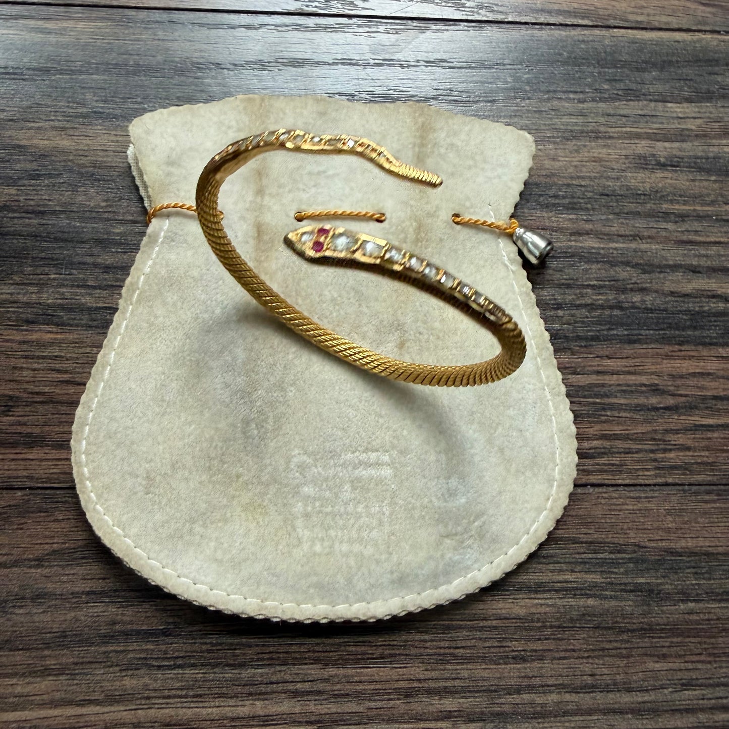 Antique Egyptian Solid 22.5k Yellow Gold Natural Rose Cut Diamond And Ruby Snake Bangle Bracelet (6.5”-8”)