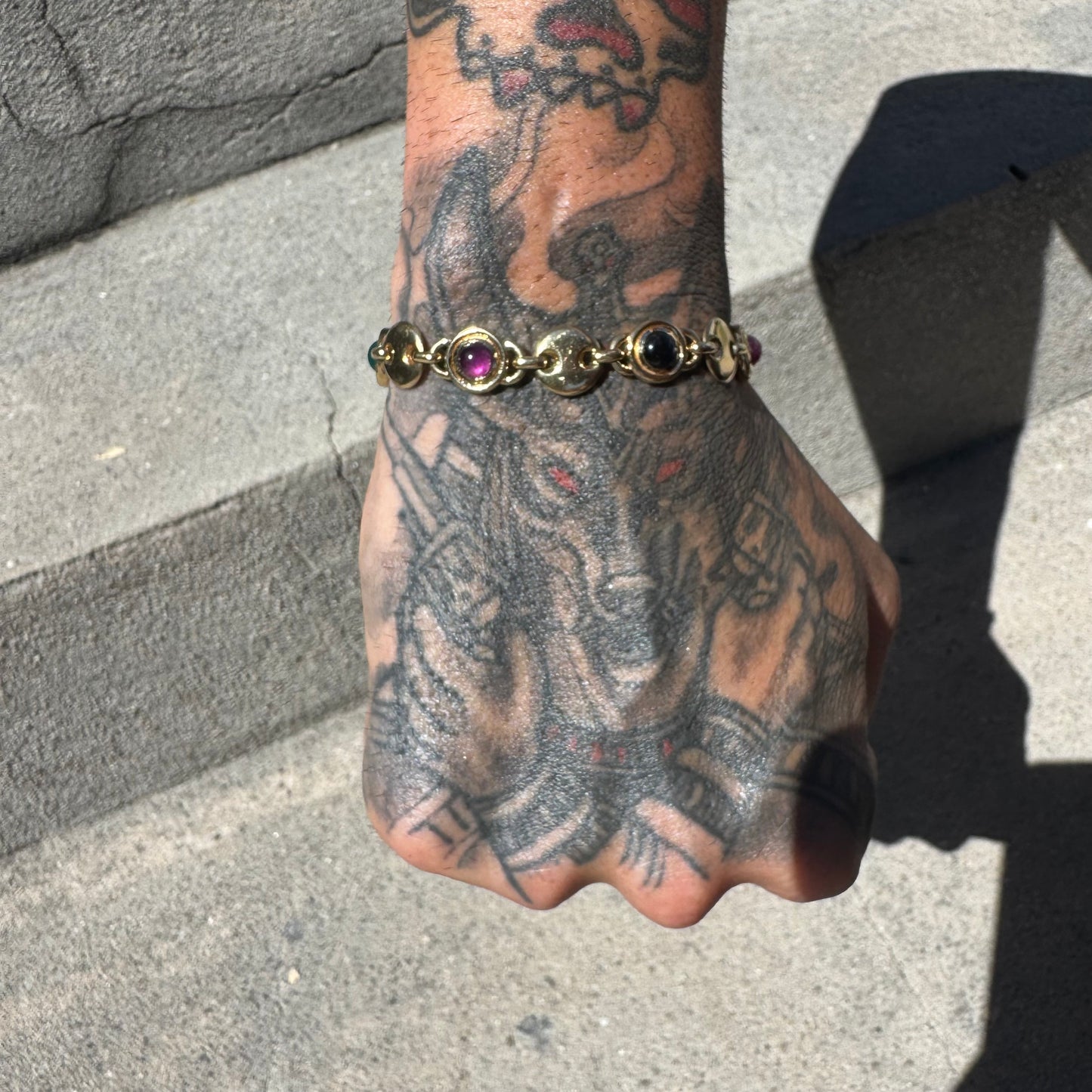 Vintage Solid 14k Italian Yellow Gold Bezel Set Multi Stone Heavyweight Puffed Gucci Bracelet (7.5”)