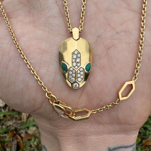 Bvlgari 18k Gold VVS Diamond And Malachite “Serpenti” Necklace (17.5”) With 14k Interlocking Double Chain Link (21”)