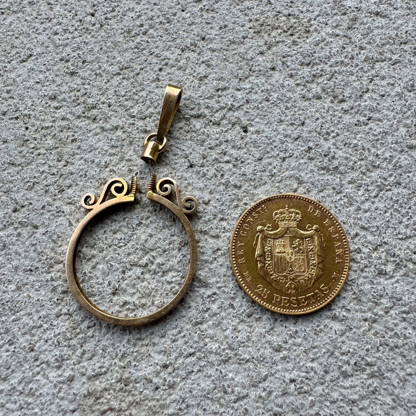 1877 $25 Pesetas Spanish Gold Coin (22k) In Original 18k Handmade Bezel Pendant