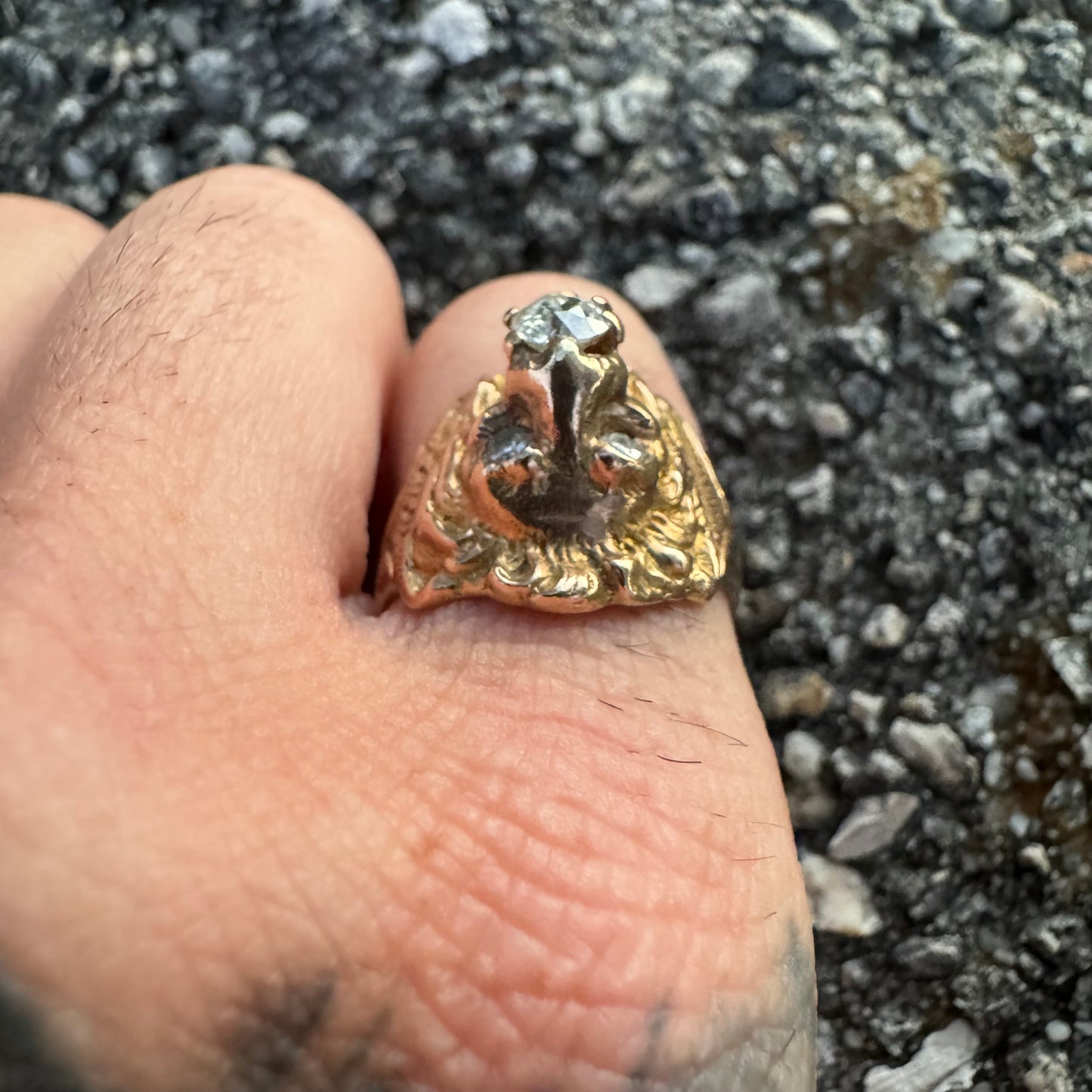 Victorian Era Solid 14k Yellow Gold .50Ct Natural Old Euro Cut Diamond Lion Ring (7.5)