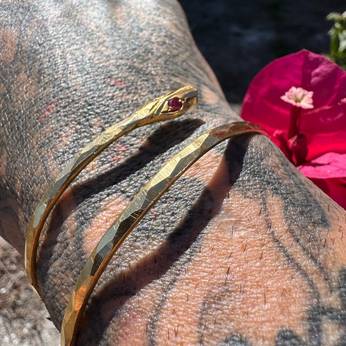 Vintage Solid 22k Yellow Gold Natural Ruby Wraparound Snake Bangle Bracelet (One Size Fits All)