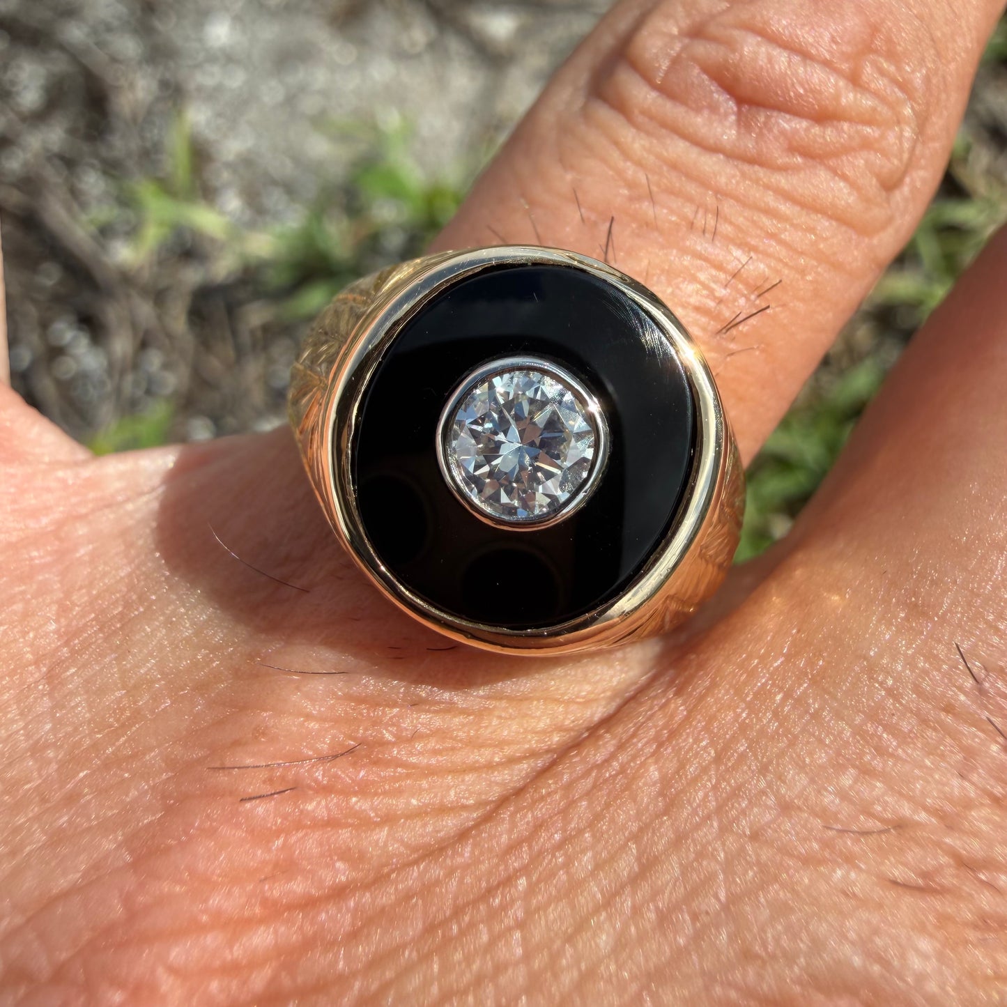 Art Deco Handcrafted Solid 18k Yellow Gold .56ct Natural Old Euro Cut Diamond Black Onyx Signet Ring (9)