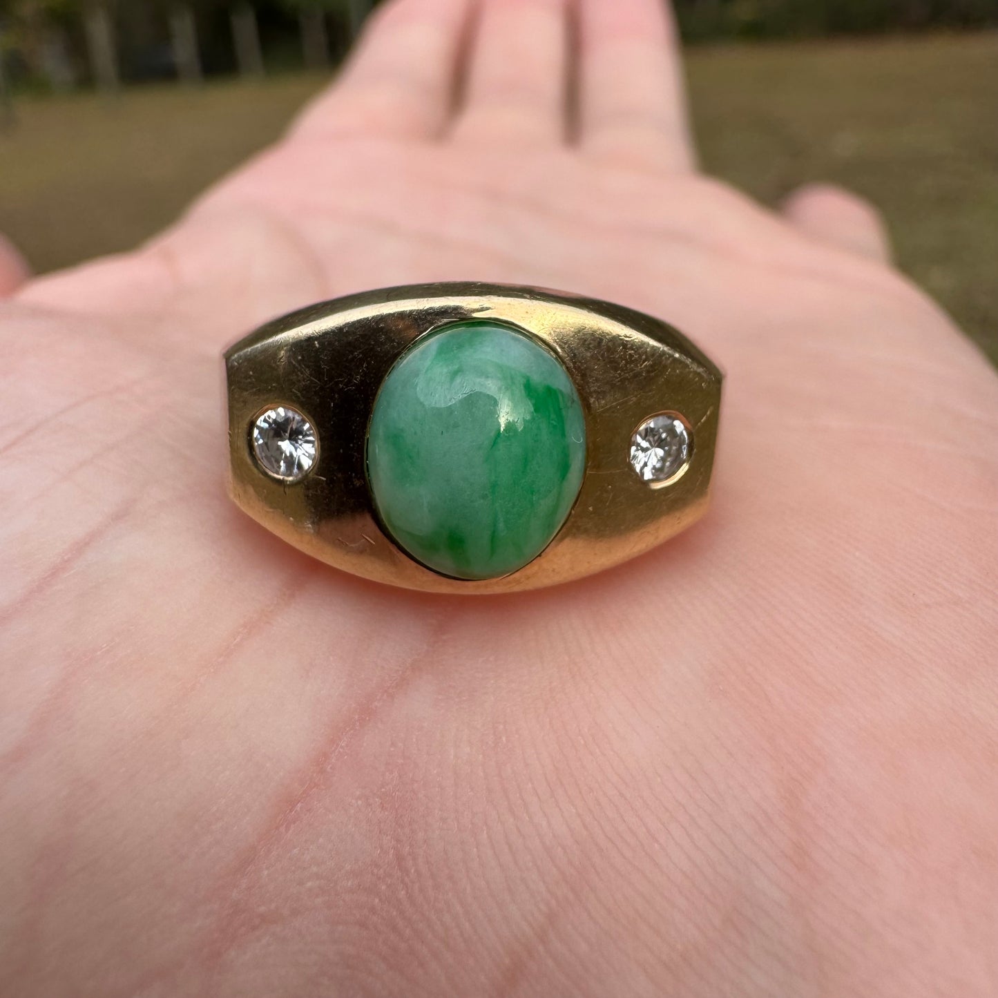 Mid-Century Solid 14k Yellow Gold Apple Jade Natural Diamond Trilogy Ring (9.5)