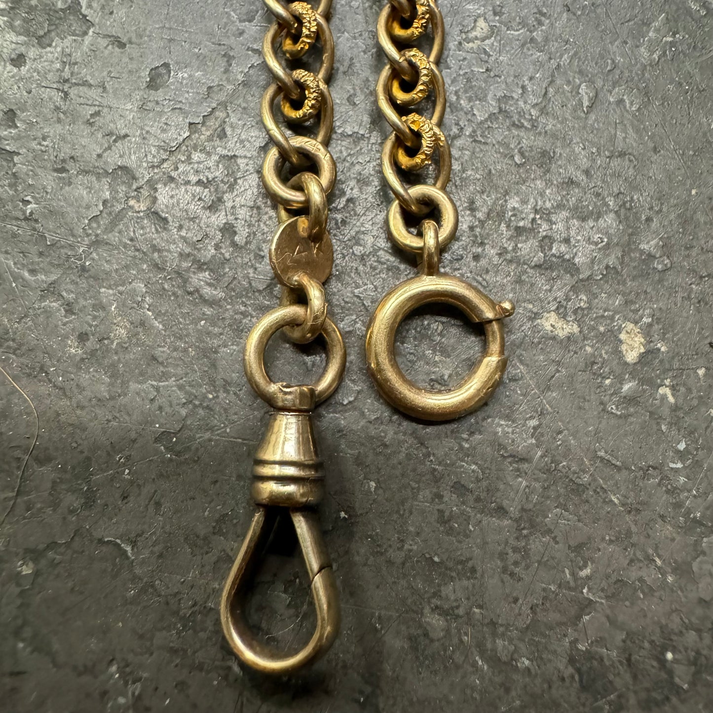 1930’s Art Deco Solid 14k Yellow Gold Double Albert Watch Chain Fancy Curb Link Necklace (19”)
