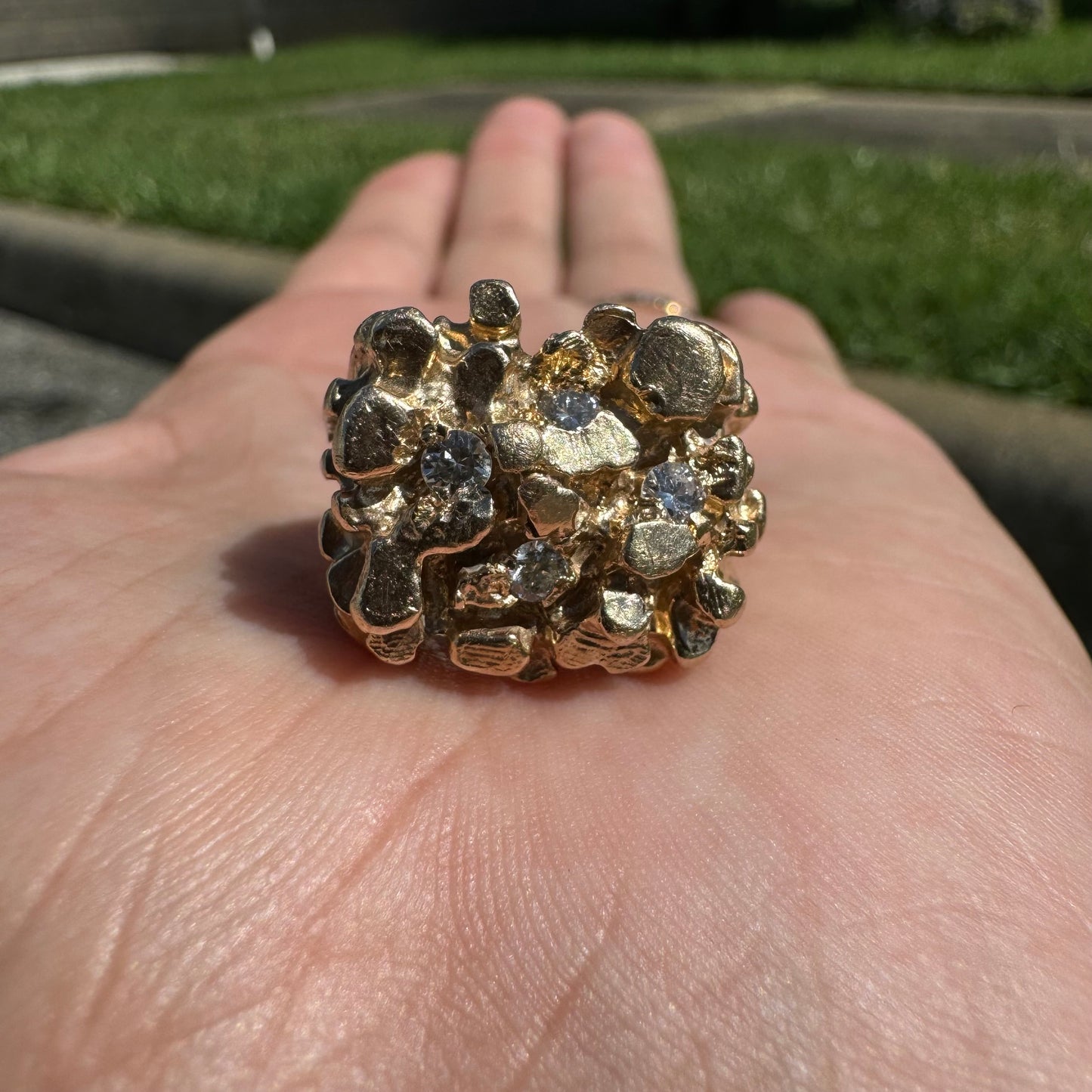 1980’s Solid 14k Yellow Gold Heavyweight .35ctw Diamond Encrusted Nugget Ring (8.5)