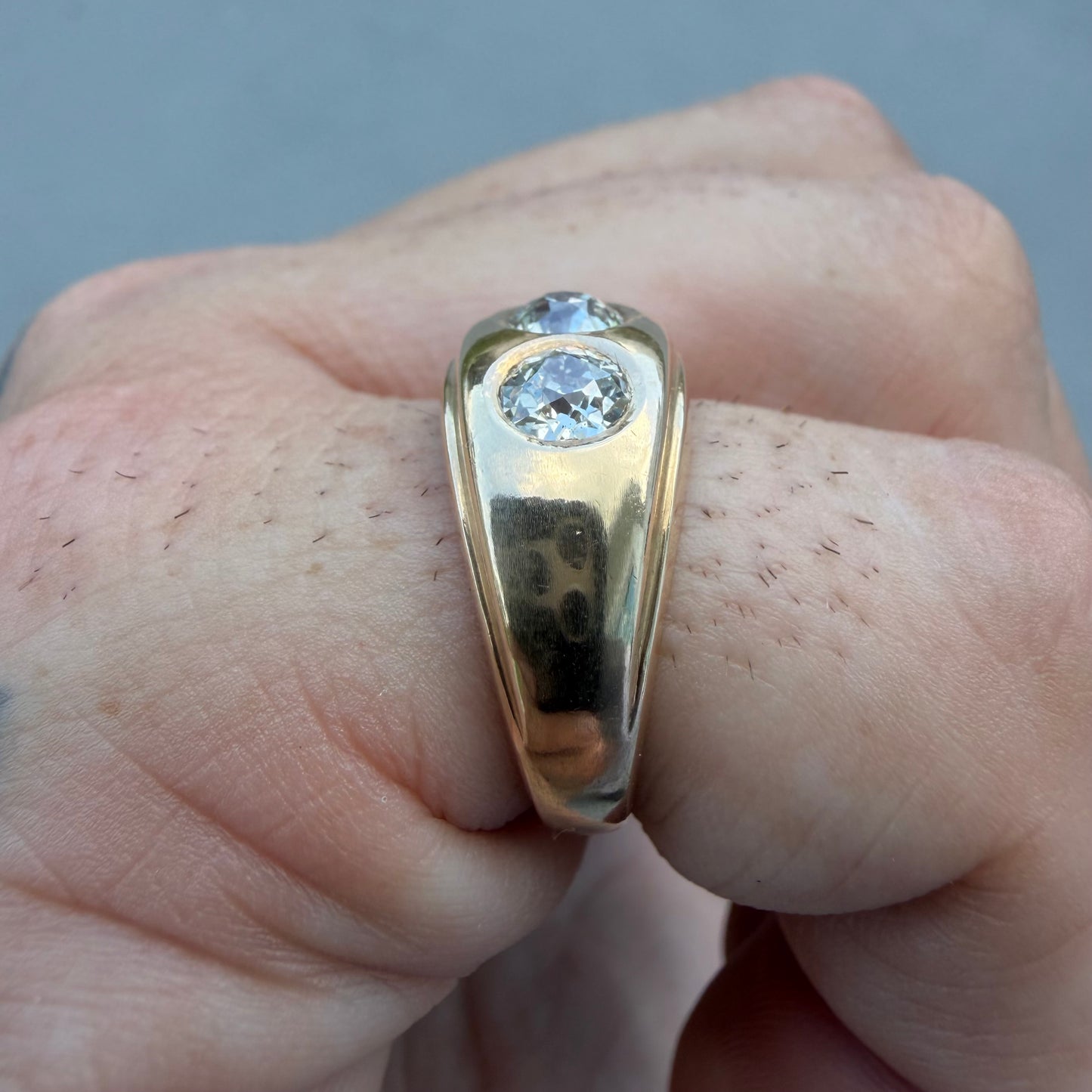 Art Deco Solid 14k Yellow Gold 1.20ctw Natural Old Cut Diamond Gypsy Trilogy Ring (6.5)
