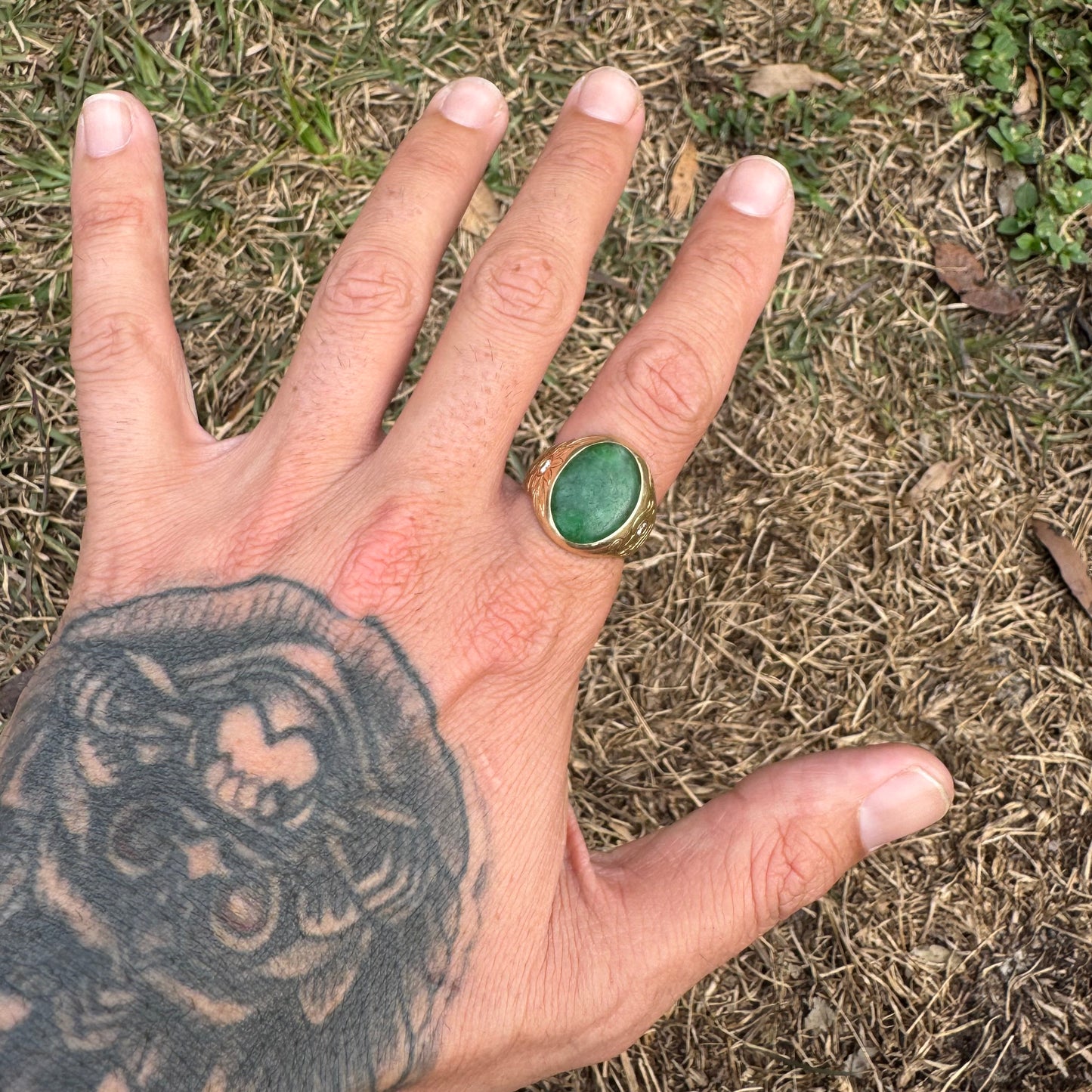 Art Deco Solid 14k Yellow Gold Jade & Diamond Dragon & Floral Carved Signet Ring By Larter And Sons (9.5)