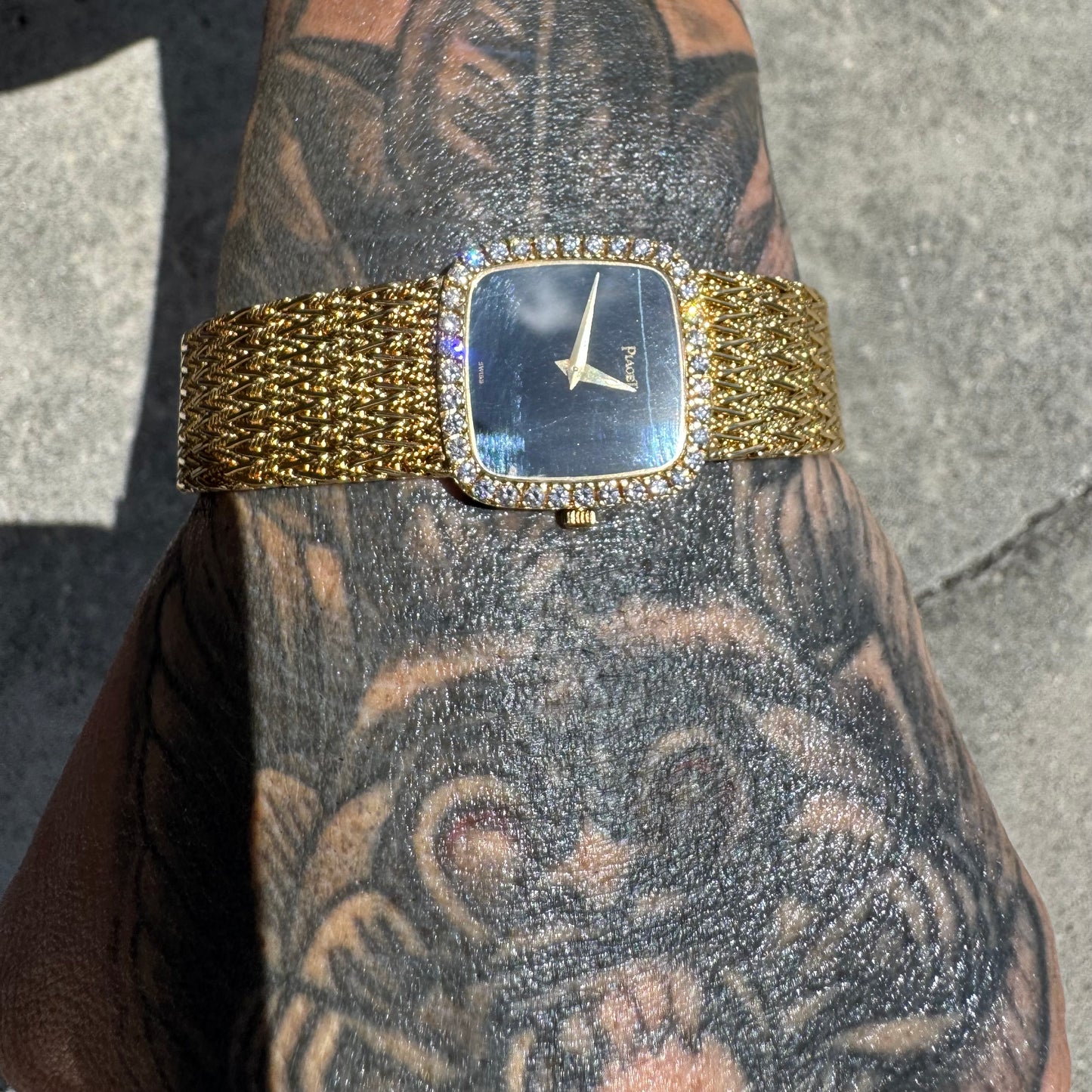 Late 1970’s/Early 1980’s Piaget Solid 18k Yellow Gold Factory Diamond Bezel Falcons Eye Stone Dial 9908 D11 Watch (7.5”)