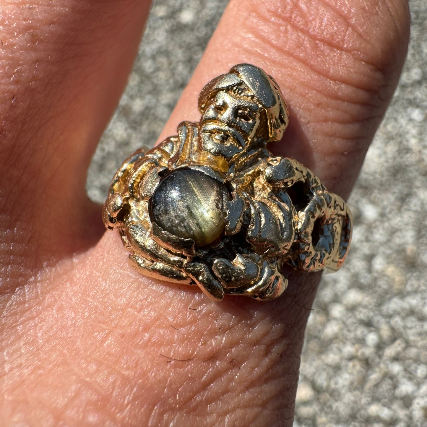Vintage 14k Yellow Gold Fortune Teller Snake Charmer Black Star Sapphire Ring (10.5)