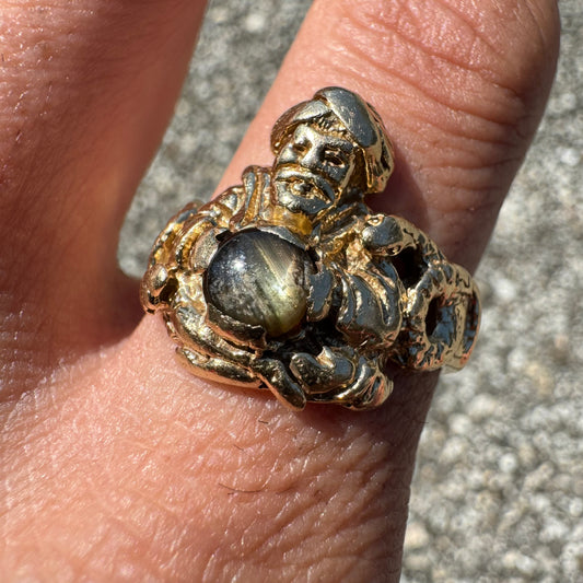 Vintage 14k Yellow Gold Fortune Teller Snake Charmer Black Star Sapphire Ring (10.5)