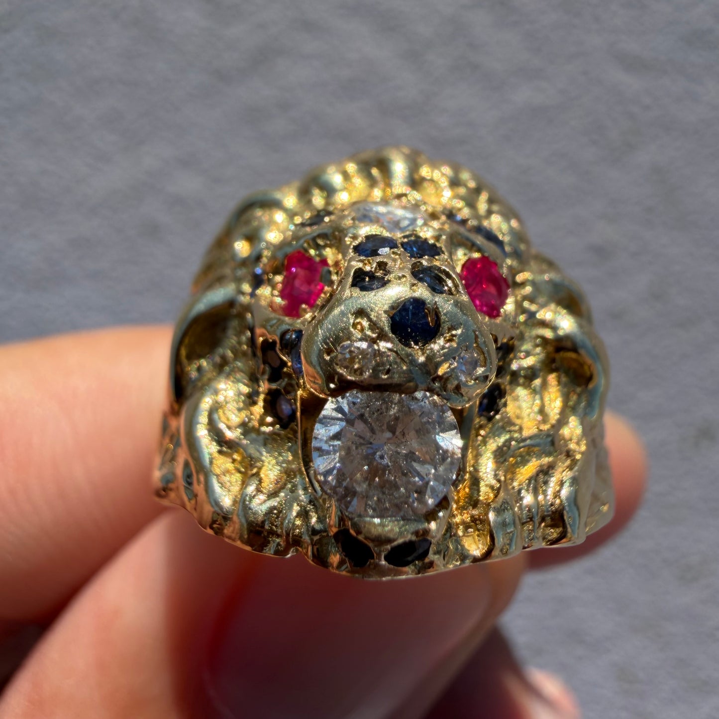 Vintage Solid 14k Yellow Gold Natural Diamond And Sapphire Encrusted Lion Ring (10.5)