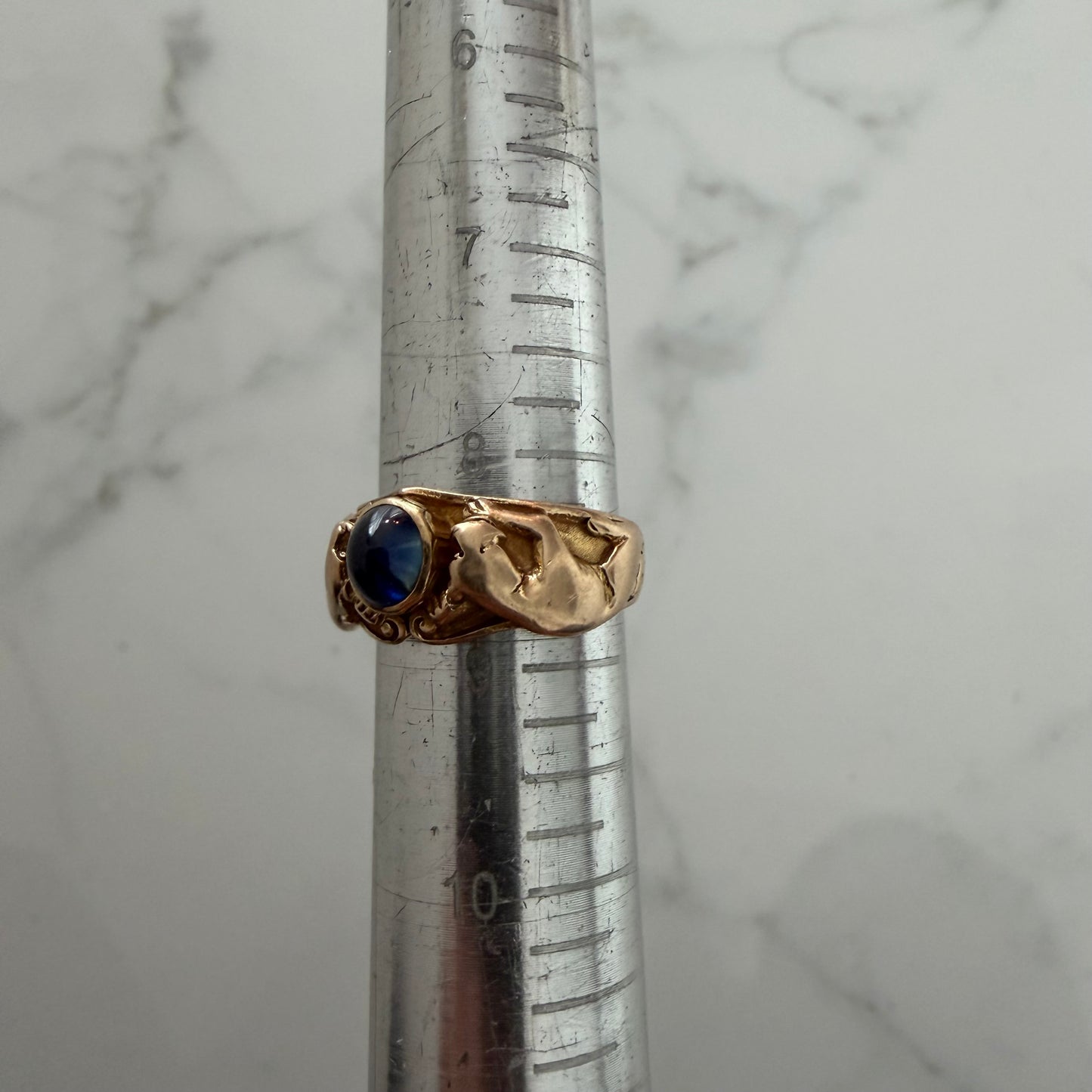 Art Nouveau Solid 14k Yellow Gold Sugar Loaf Sapphire Double Lion Ring (8.5)