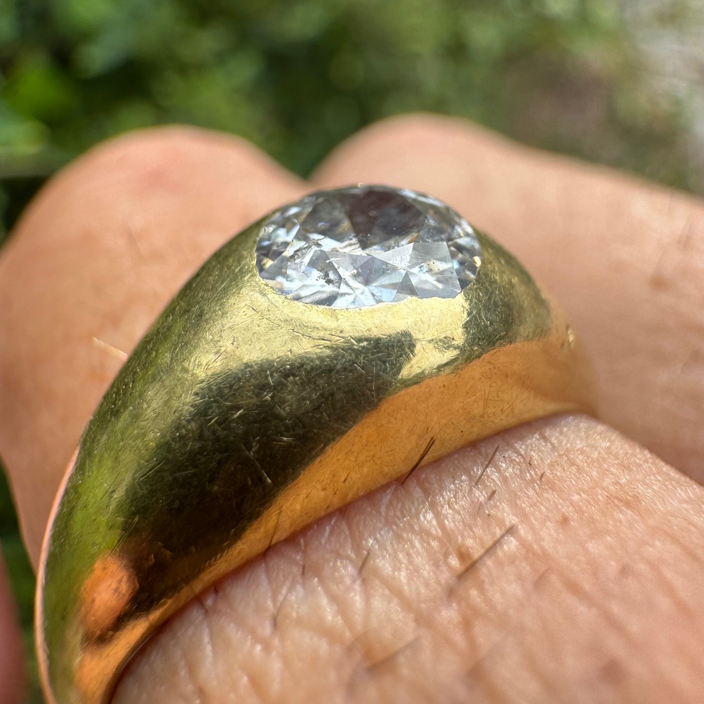 Antique Solid 18k Yellow Gold .91ct Old Euro Cut Diamond “Rub Over” Gypsy Ring (9.5)