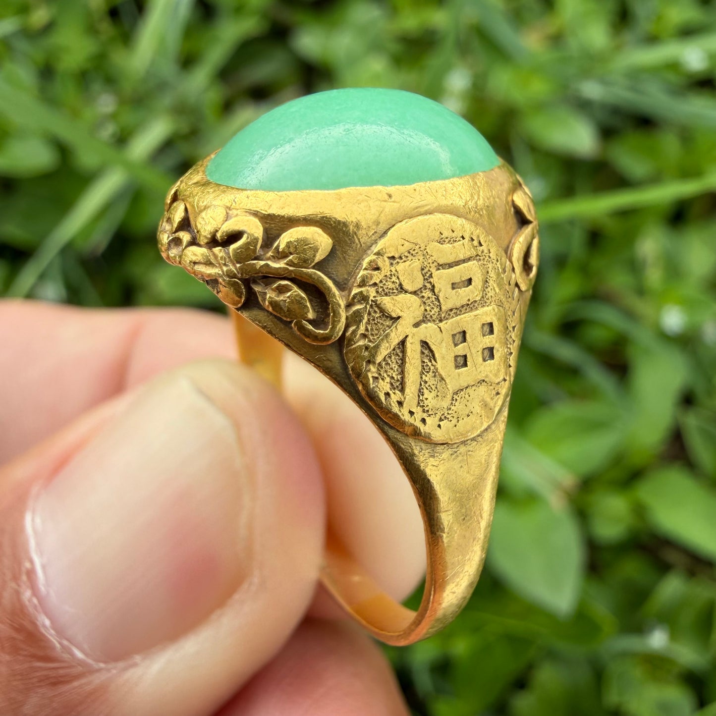 Antique Chinese Traditional 24k Yellow Gold 5.0ct Green Apple Jadeite Fu Ring (10.25)