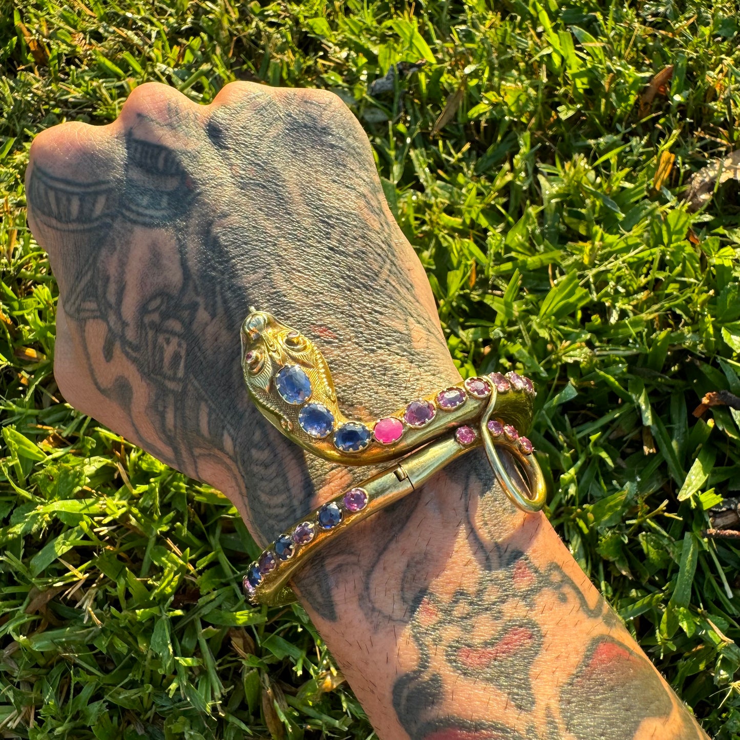 Mid 1800’s 15k Yellow Gold Blue And Pink Sapphire Encrusted Snake Bracelet (6”-7”)