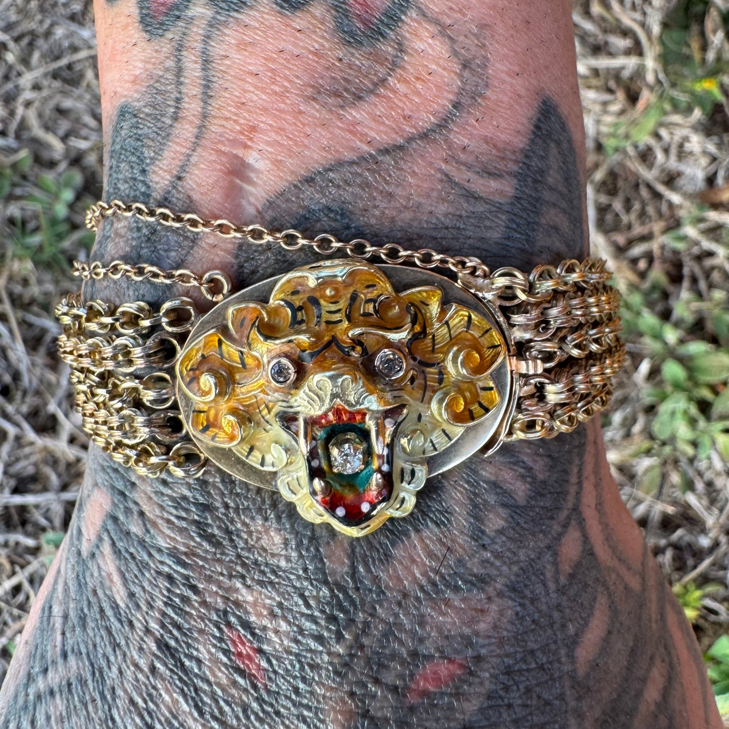 Art Nouveau Solid 14k Yellow Gold Natural Old Mine Cut Diamond Enameled Tiger Bracelet (6.25”)