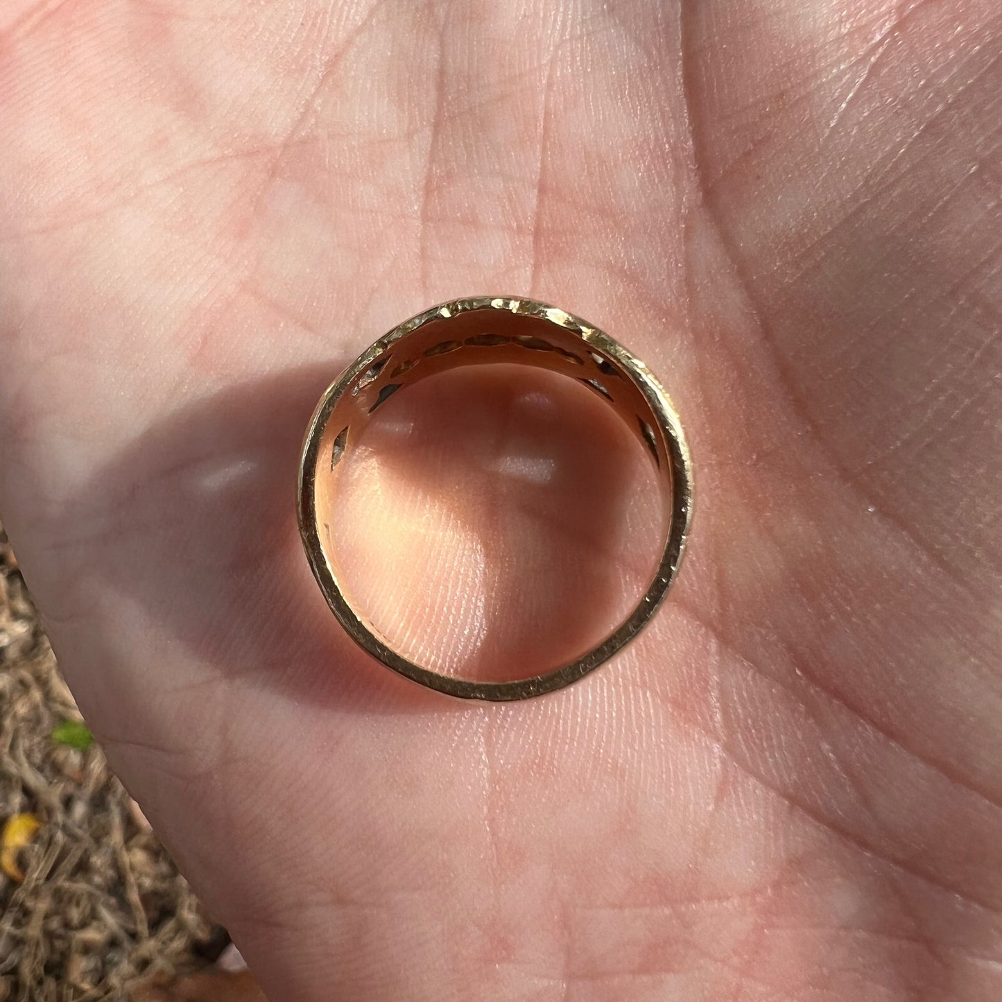 Early 1900’s Art Nouveau Solid 14K Yellow Gold Natural VS Diamond Hand Chased Scroll Ring (6)