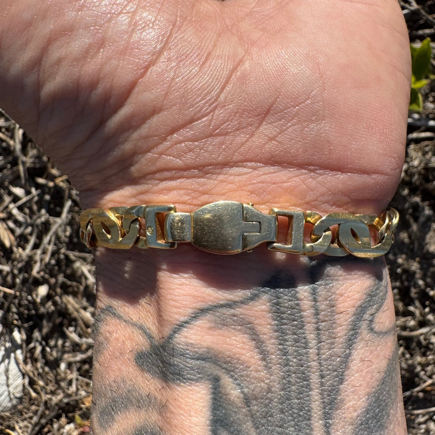 Vintage Solid 14k Yellow Italian Gold Heavyweight Intricate Tigers Eye Link Bracelet (8”)