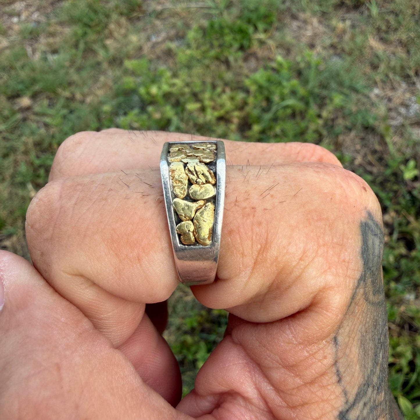 Vintage Solid Sterling Silver 23k Raw Natural Gold Placer Nugget Signet Ring (11)