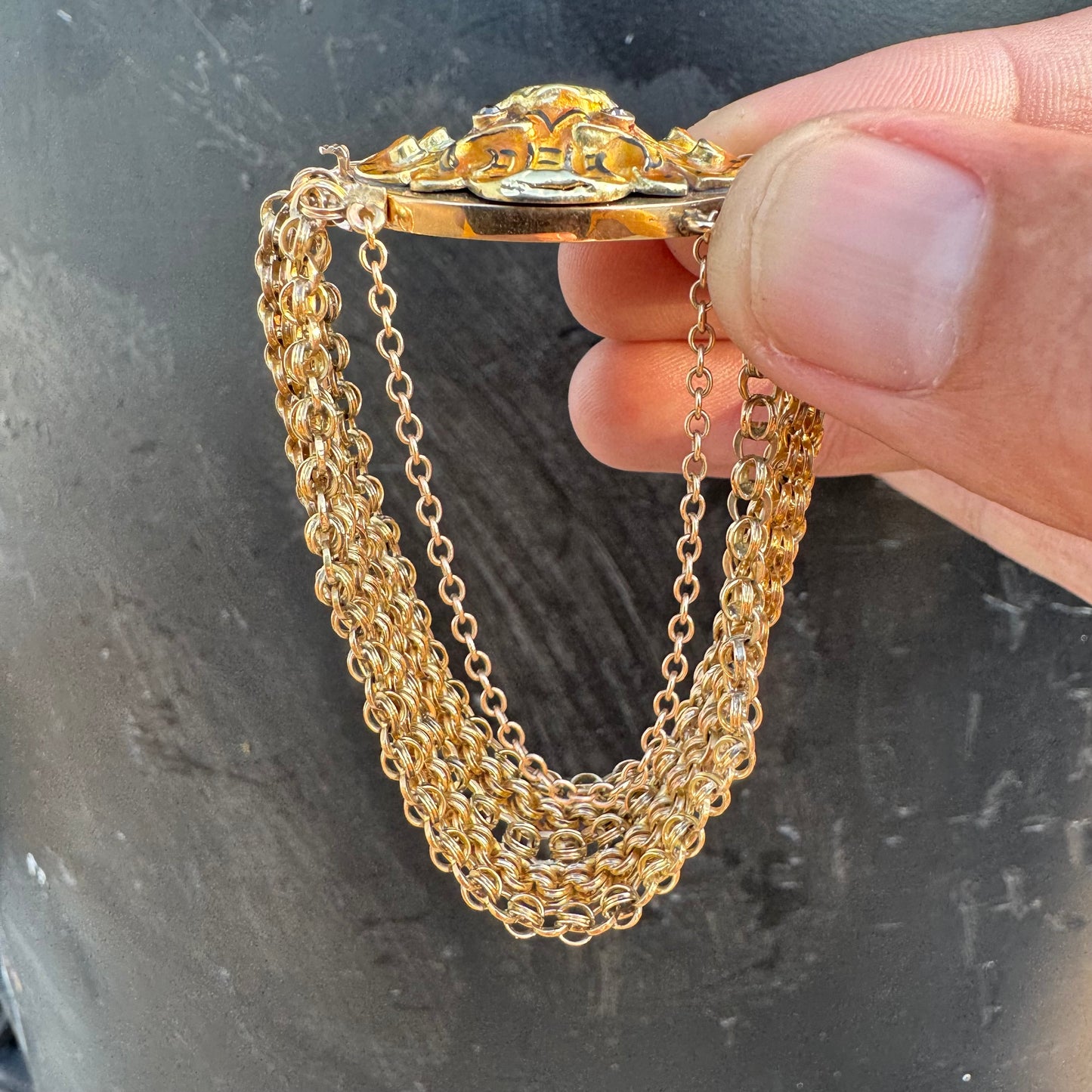 Art Nouveau Solid 14k Yellow Gold Natural Old Mine Cut Diamond Enameled Tiger Bracelet (6.25”)