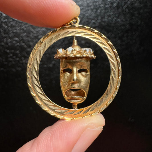 Mid Century 14k Yellow Gold Laugh Now Cry Later Spinner Pendant