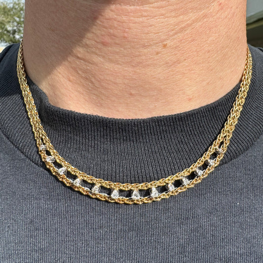 Vintage Solid 14k Italian Yellow Gold Floating 1.1CTW VS Quality Natural Diamond Double Row Braided Foxtail Necklace (17”)