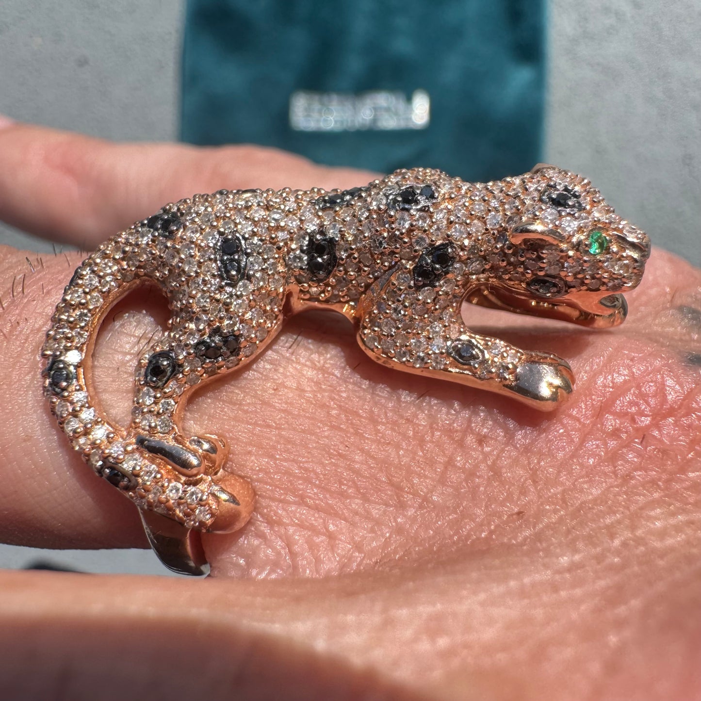 Effy Solid 14k Rose Gold 1.52ctw Natural Diamond And Emerald Stalking Panther Ring (7.25)