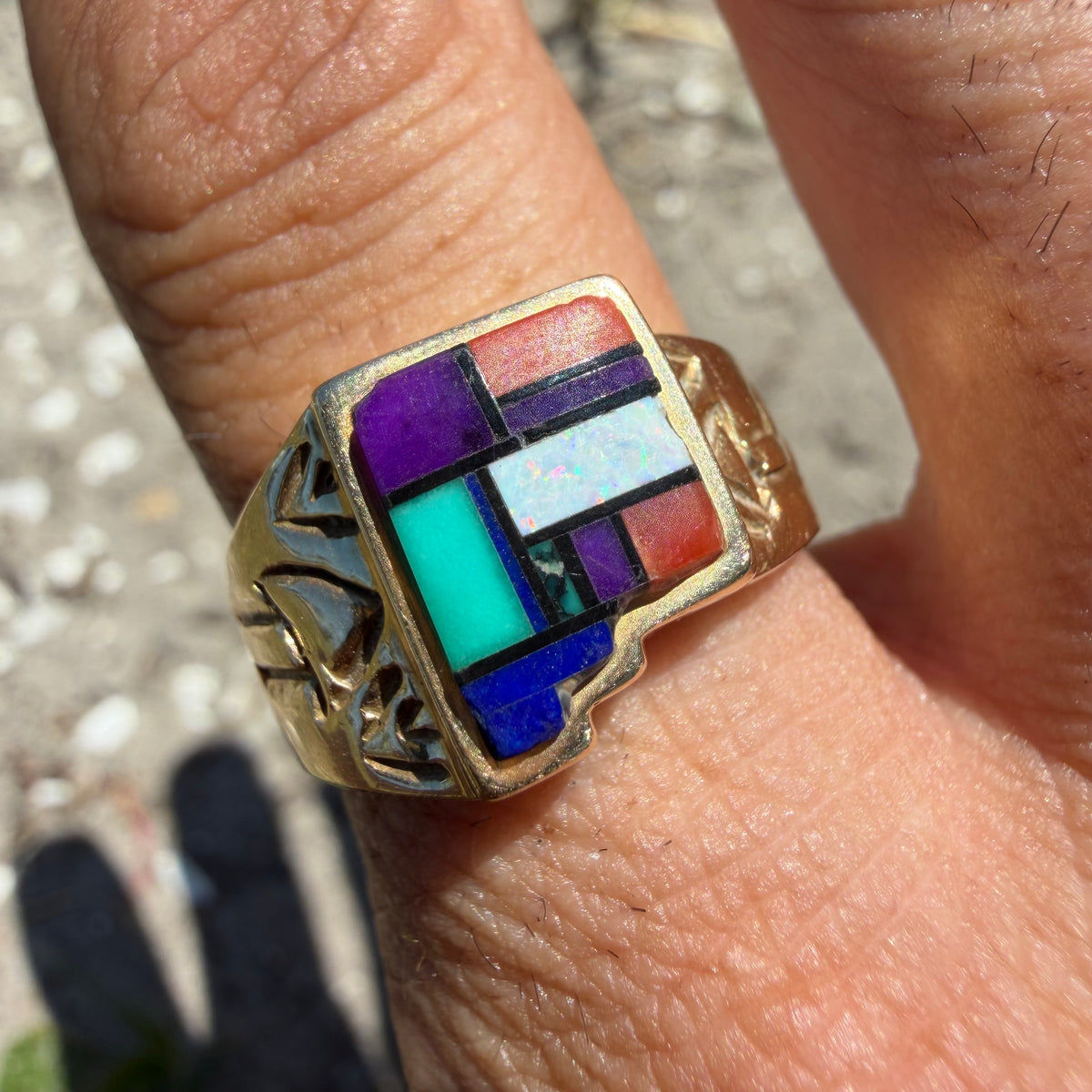 Vintage Native Southwestern Solid 14k Yellow Gold Multi-Stone Inlaid New Mexico State Ring (10)